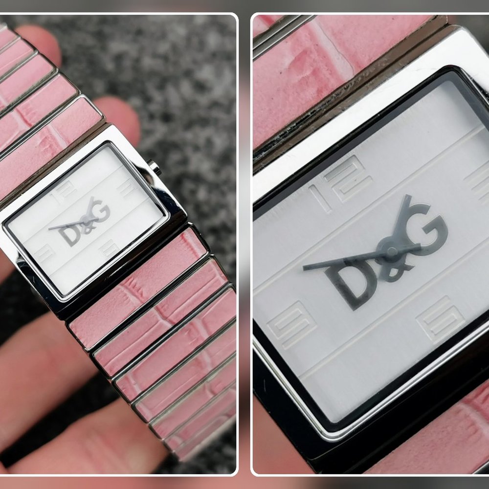 D&G TIME Quartz Watch Pink Croco Grain Stainless Steel Cuff Bracelet Authentic - Picture 12 of 12